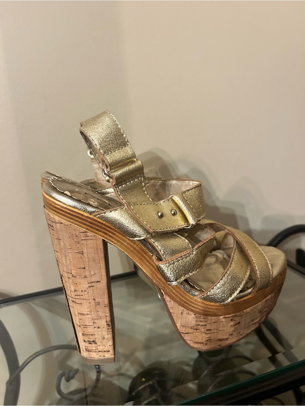 bebe Gold Metallic Cork Platform Heels